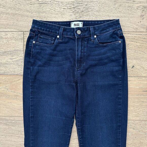 PAIGE Womens High Rise Bell Canyon Flare Leg Jeans Blue Dark Wash Frayed Size 29 - Picture 2 of 16